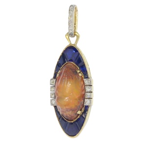 Vintage antique Art Deco neo-Egptian scarab pendant with diamonds sapphires and a Carrera fire opal